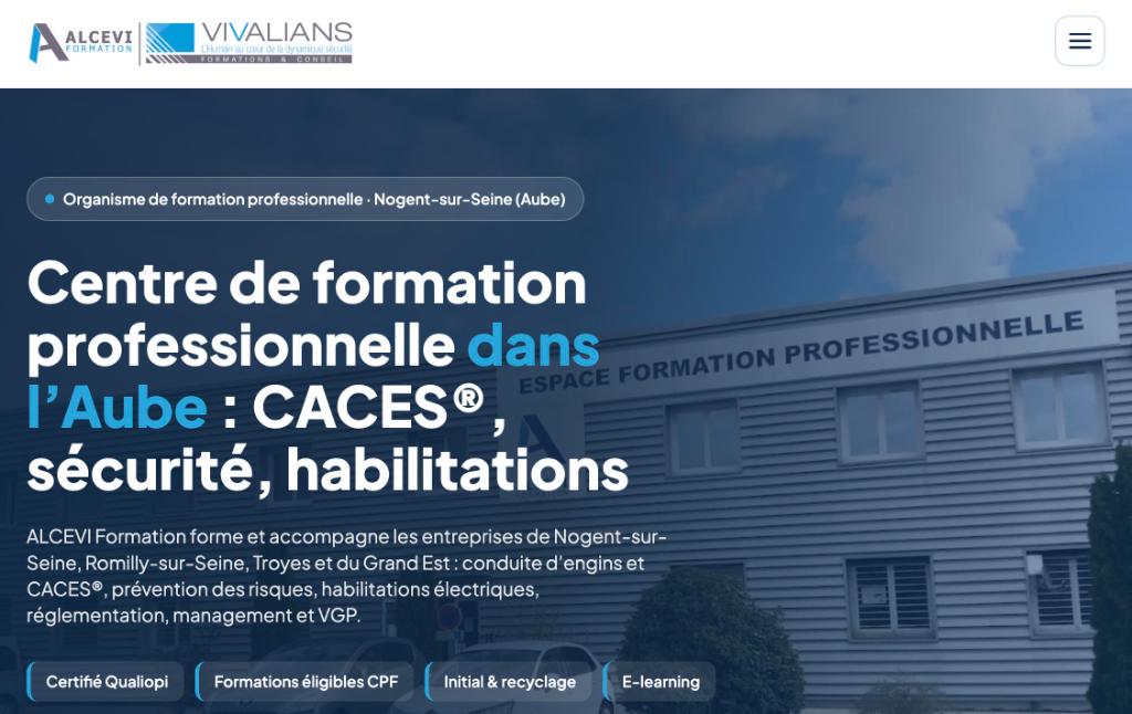 Page d'accueil du site internet ALCEVI Formation