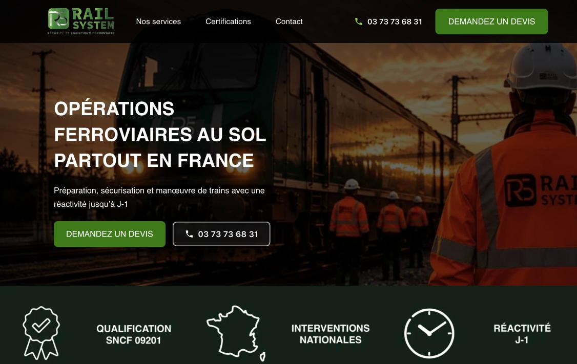 Page d'accueil du site internet Rail System